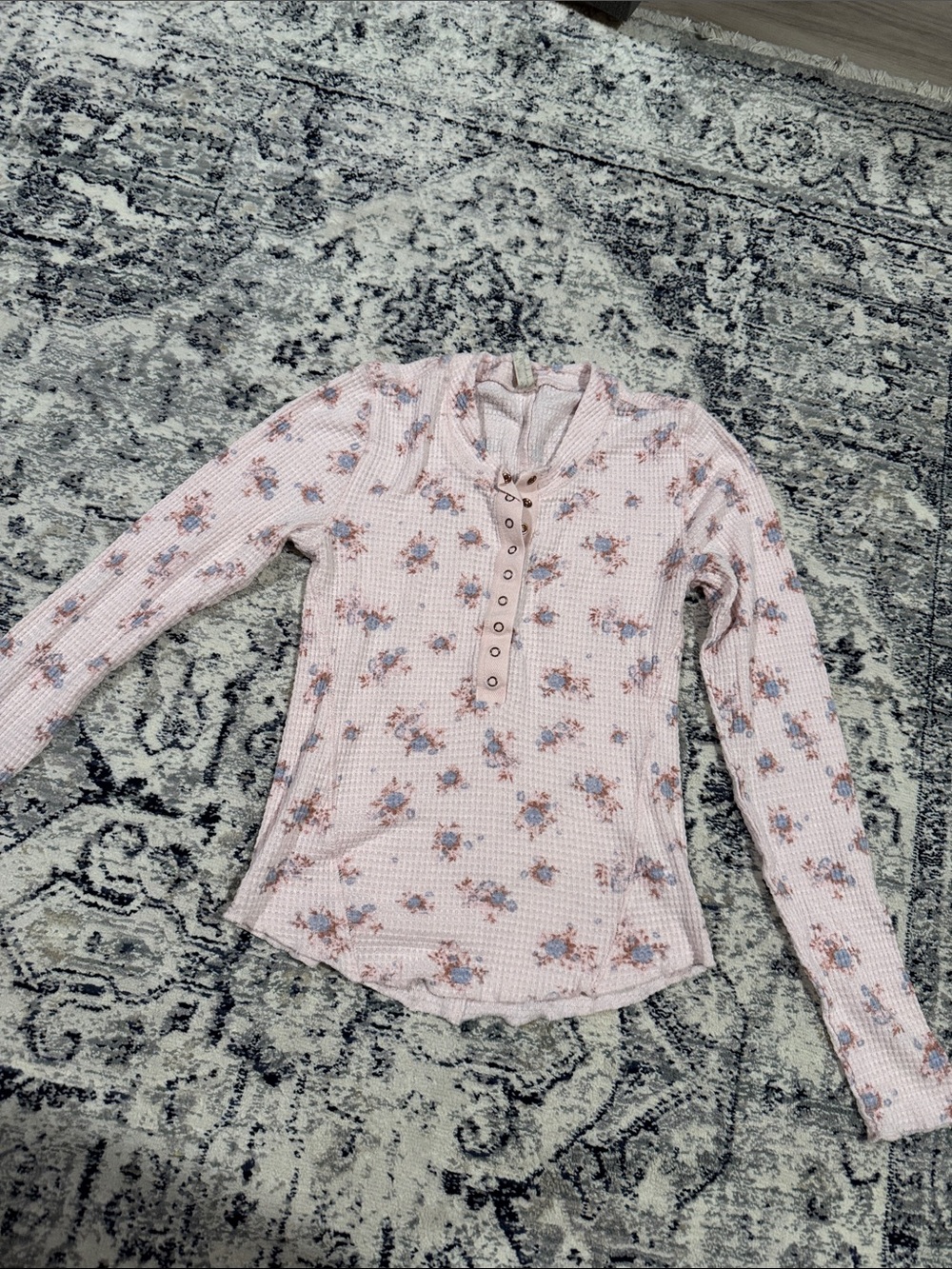 Free People Pink Floral Waffle Henley Long Sleeve